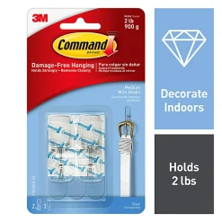 Command™ Clear Medium Wire Toggle Hook, 2 lb, Transparent, 2 Hooks, 3 Strips/Pack