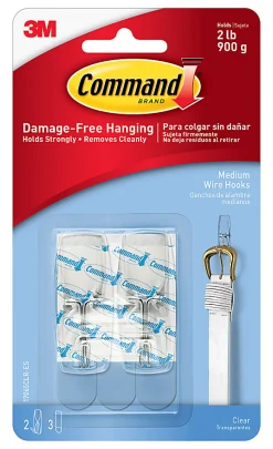 Command™ Clear Medium Wire Toggle Hook, 2 lb, Transparent, 2 Hooks, 3 Strips/Pack