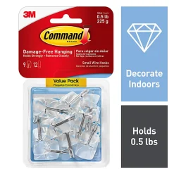 Command 9 Clear Small Wire Toggle Hooks and 12 Command Strips, Damage Free Hanging Hooks Wall Hangers for Hanging Home Decor, Holds up to 0.5 lb