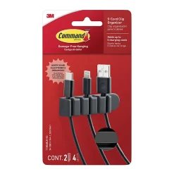 Command™ 5-Cord Clip Organizer, 2 Black Clips, 4 Medium Strips, Great for Damage-Free Desk Organization with Electronics