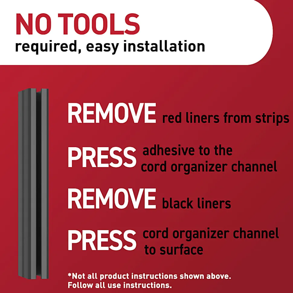 Command™ Cord Organizer Channel, 1 Black Channel, 8 Large Strips, 10" Cord Storage Space, Great for Damage-Free Desk Organization with Electronics