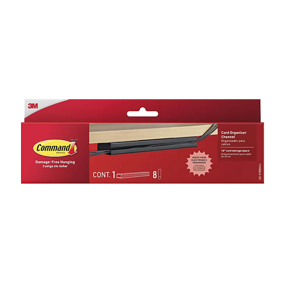 Command™ Cord Organizer Channel, 1 Black Channel, 8 Large Strips, 10" Cord Storage Space, Great for Damage-Free Desk Organization with Electronics