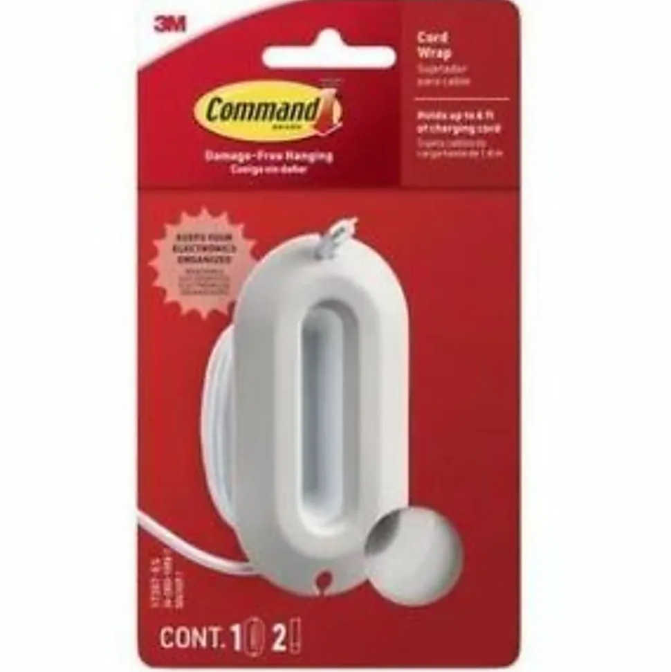 Command™ Cord Wrap, 1 White Cord Organizer, 2 Medium Strips, Holds 6 ft of Cord Storage, Great for Damage-Free Desk Organization with Electronics