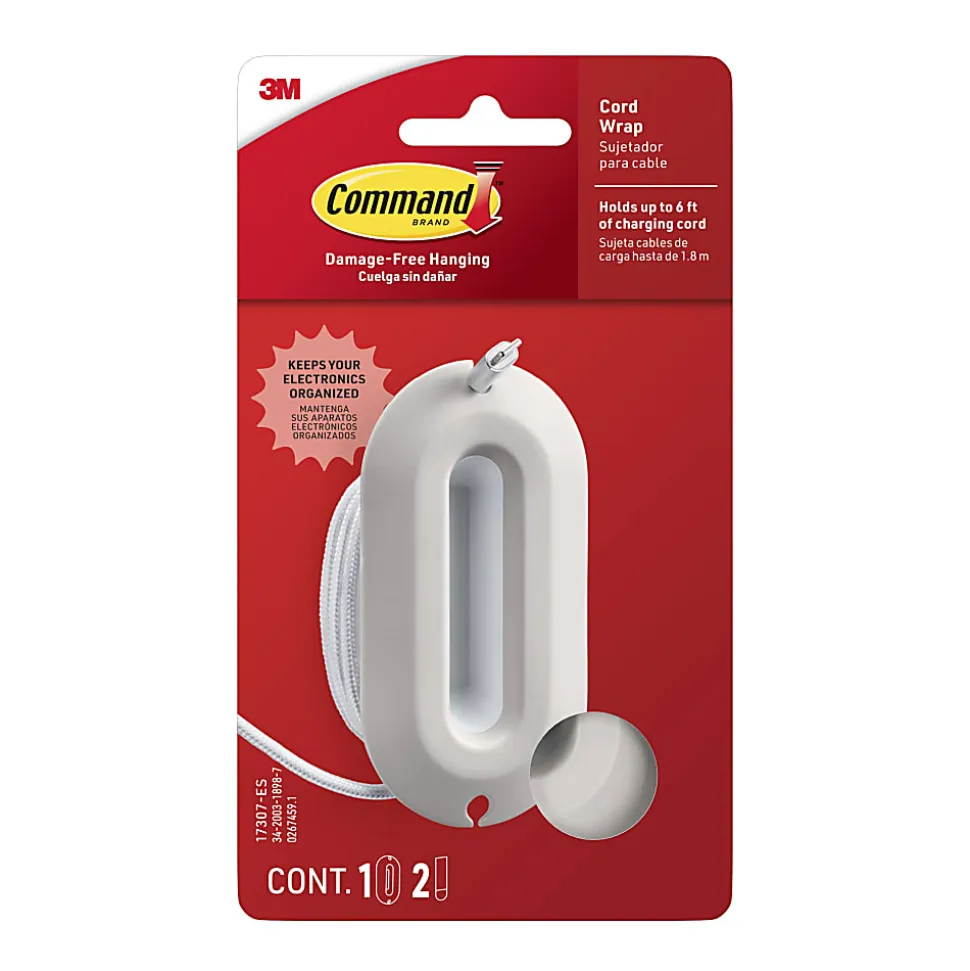Command™ Cord Wrap, 1 White Cord Organizer, 2 Medium Strips, Holds 6 ft of Cord Storage, Great for Damage-Free Desk Organization with Electronics