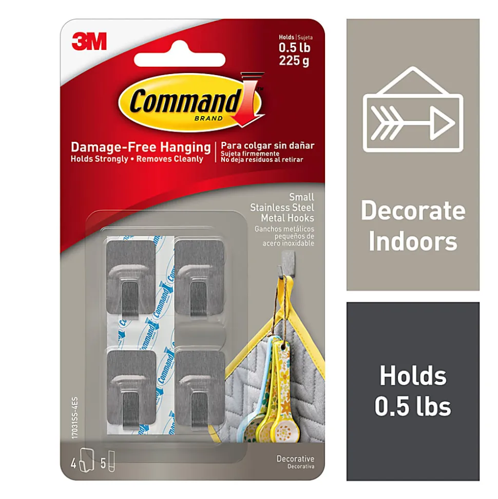 Command Damage-Free Removable Metal Hooks, Small, 5/8" x 3/4" x 1 1/4", Stainless Steel, Pack Of 4 Hooks