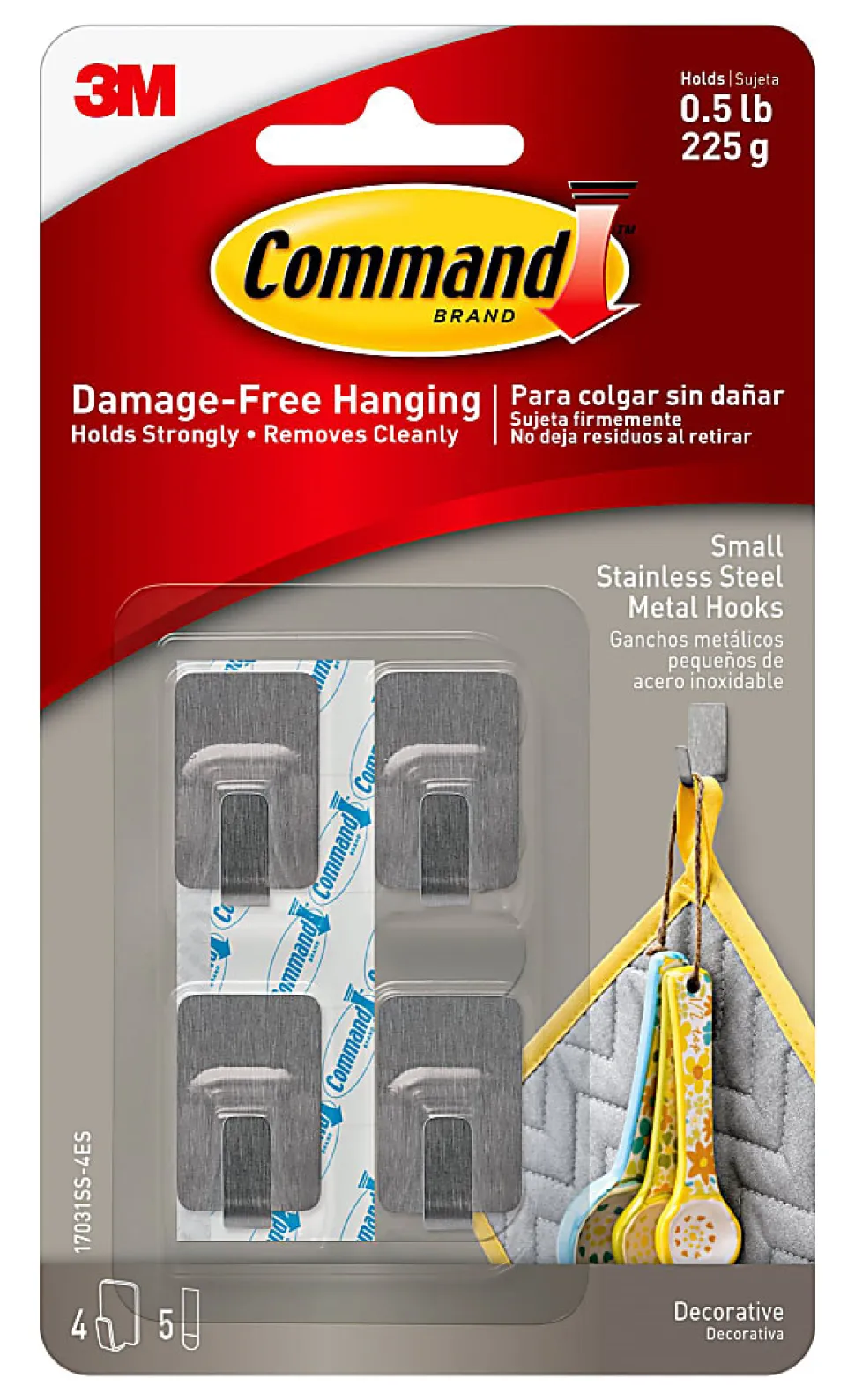 Command Damage-Free Removable Metal Hooks, Small, 5/8" x 3/4" x 1 1/4", Stainless Steel, Pack Of 4 Hooks