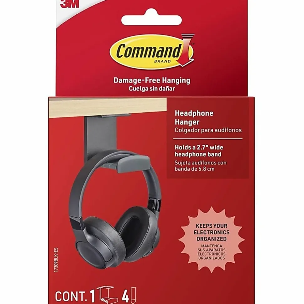 Command™ Headphone Hanger, 1 Black Hook, 4 Large Strips, Great for Damage-Free Desk Organization with Headphones