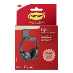 Command™ Headphone Hanger, 1 Black Hook, 4 Large Strips, Great for Damage-Free Desk Organization with Headphones