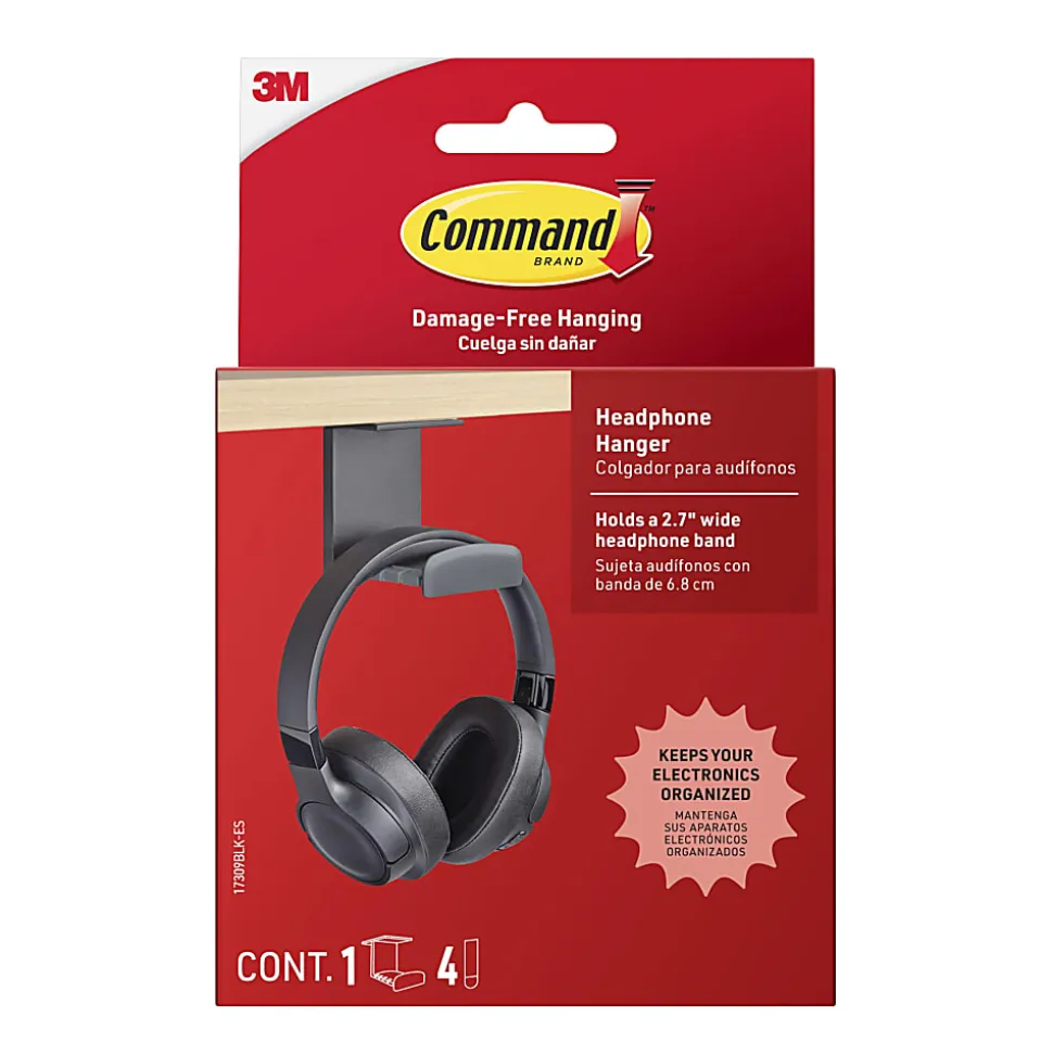 Command™ Headphone Hanger, 1 Black Hook, 4 Large Strips, Great for Damage-Free Desk Organization with Headphones