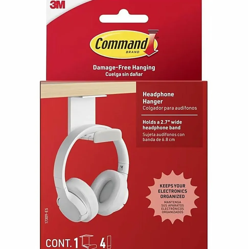 Command™ Headphone Hanger, 1 White Hook, 4 Large Strips, Great for Damage-Free Desk Organization with Headphones