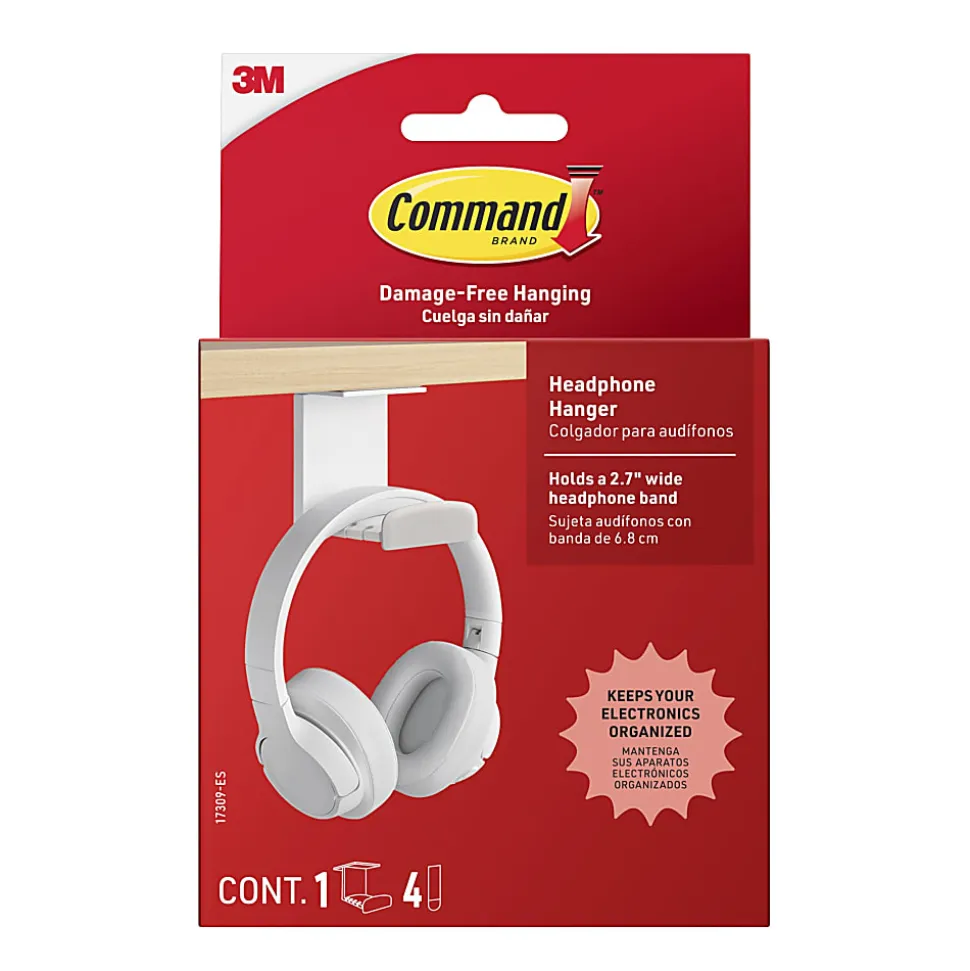 Command™ Headphone Hanger, 1 White Hook, 4 Large Strips, Great for Damage-Free Desk Organization with Headphones