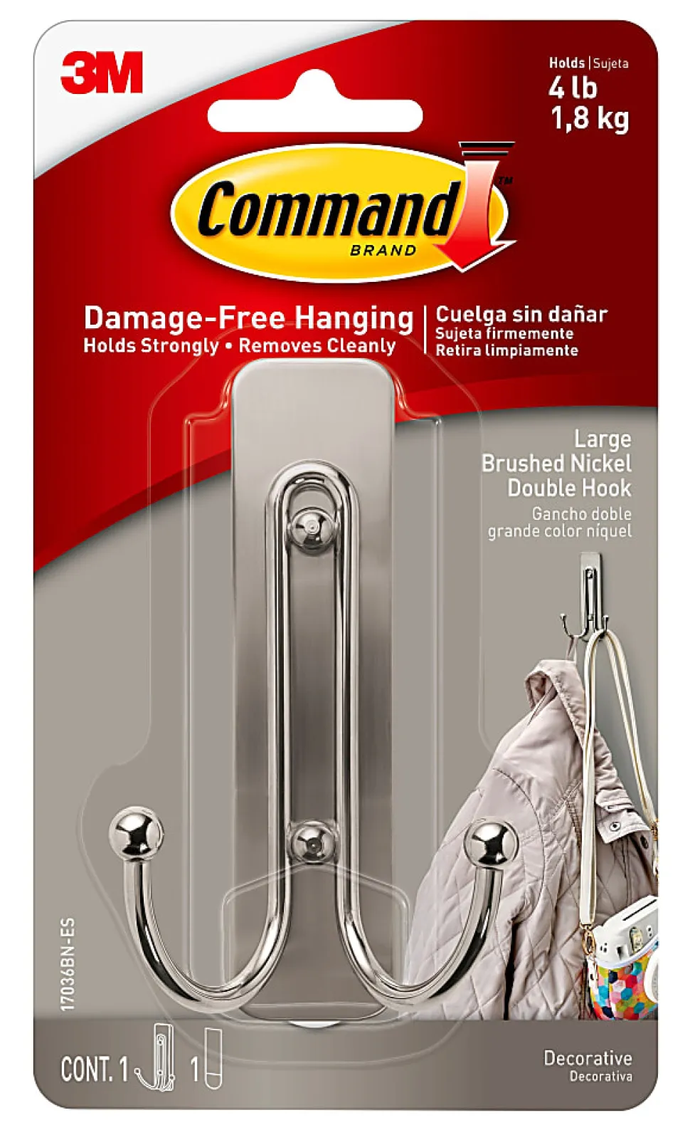 Command Large Double Wall Hooks, 1 Command Hooks, 1 Command Strip, Damage Free Hanging of Dorm Room Decorations