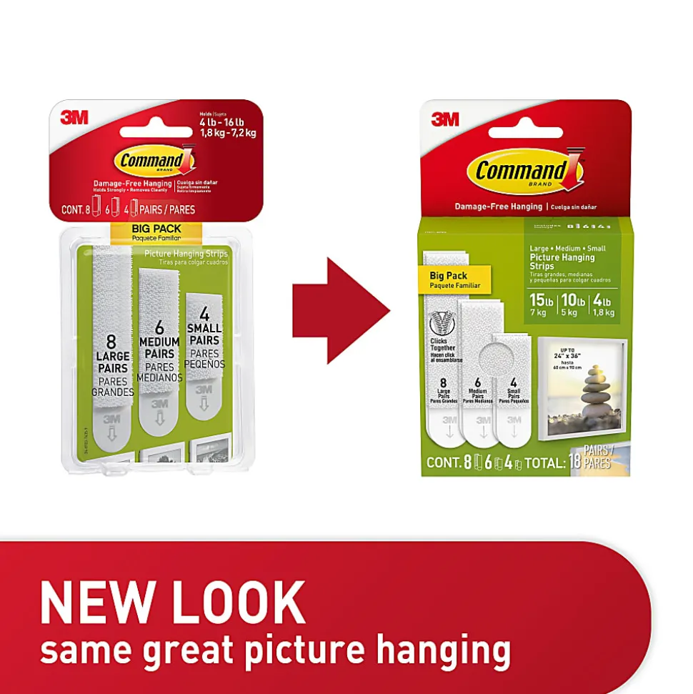 Command Large (15lb) and Medium (10lb) and Small (5lb) Picture Hanging Strips, White, 18 Pairs (36 strips), 17211BPES
