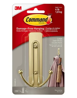 Command Large Satin Brass Double Hook, 5 lb, 1 Satin Brass Hook, 1 Large Strip
