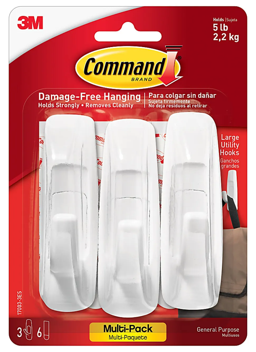 Command® Large Utility Hooks, 3 Hooks, 6 White Adhesive Strips, Damage Free Hanging Picture Hangers, No Tools Wall Hanging Strips For Living Spaces