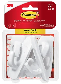 Command Large Utility Hook Value Pack, 5 lb, White, 6 Hooks/Pack, 12 Strips/Pack