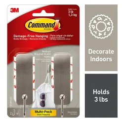 Command Medium Brushed Nickel Hooks, 3 lb, 2 Nickel Hooks, 4 Medium Strips