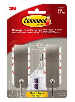 Command Medium Brushed Nickel Hooks, 3 lb, 2 Nickel Hooks, 4 Medium Strips