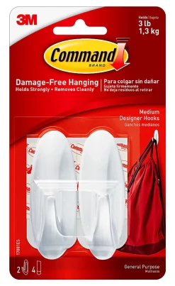Command Medium Hooks, 2 Hooks, 4 White Adhesive Strips, Damage Free Hanging Picture Hangers, No Tools Wall Hanging Strips For Living Spaces