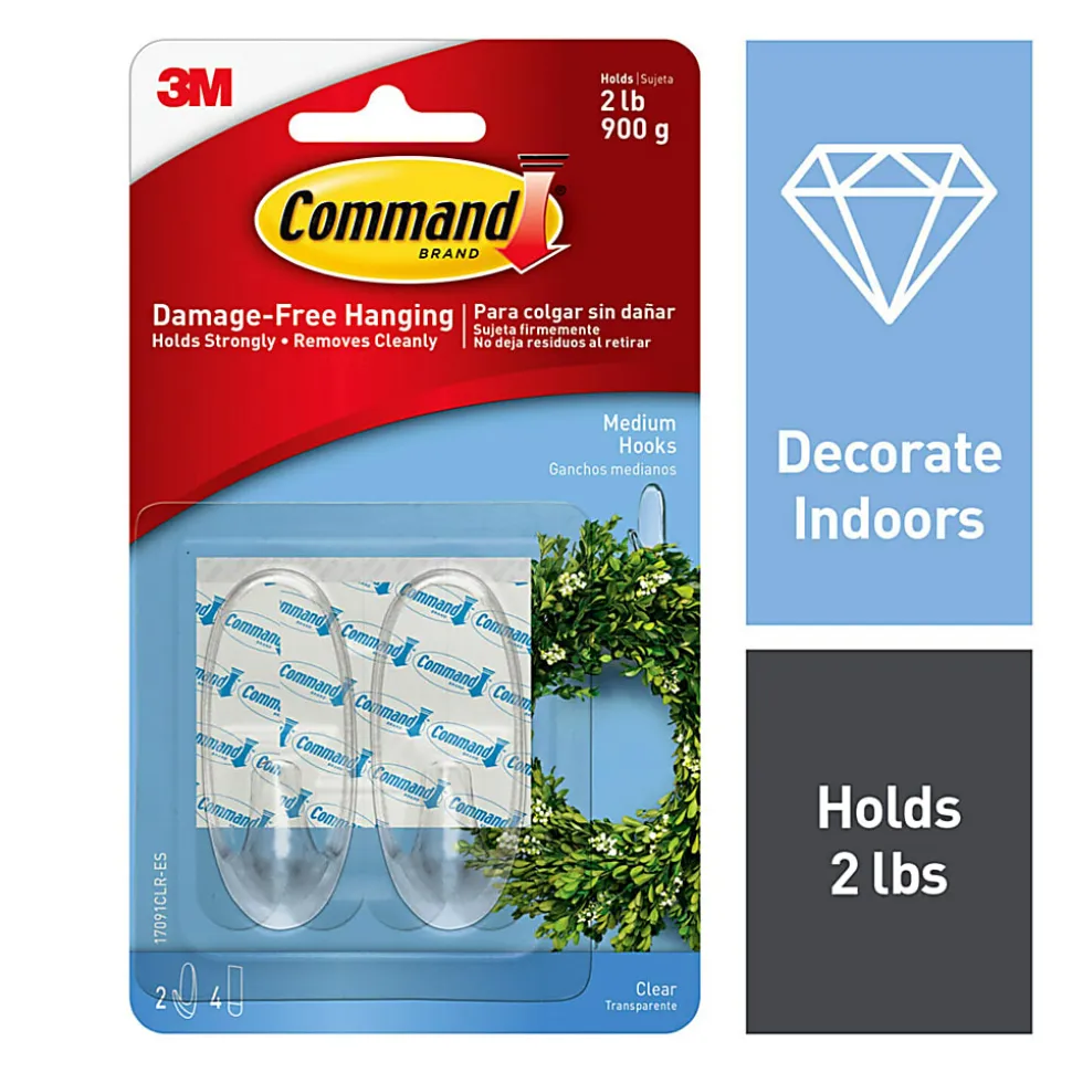Command Medium Plastic Hooks, 2 Command Hooks, 4 Command Strips, Damage Free Hanging of Dorm Room Decorations, Clear