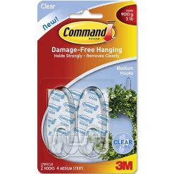 Command Medium Plastic Hooks, 2 Command Hooks, 4 Command Strips, Damage Free Hanging of Dorm Room Decorations, Clear