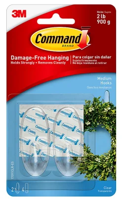 Command Medium Plastic Hooks, 2 Command Hooks, 4 Command Strips, Damage Free Hanging of Dorm Room Decorations, Clear