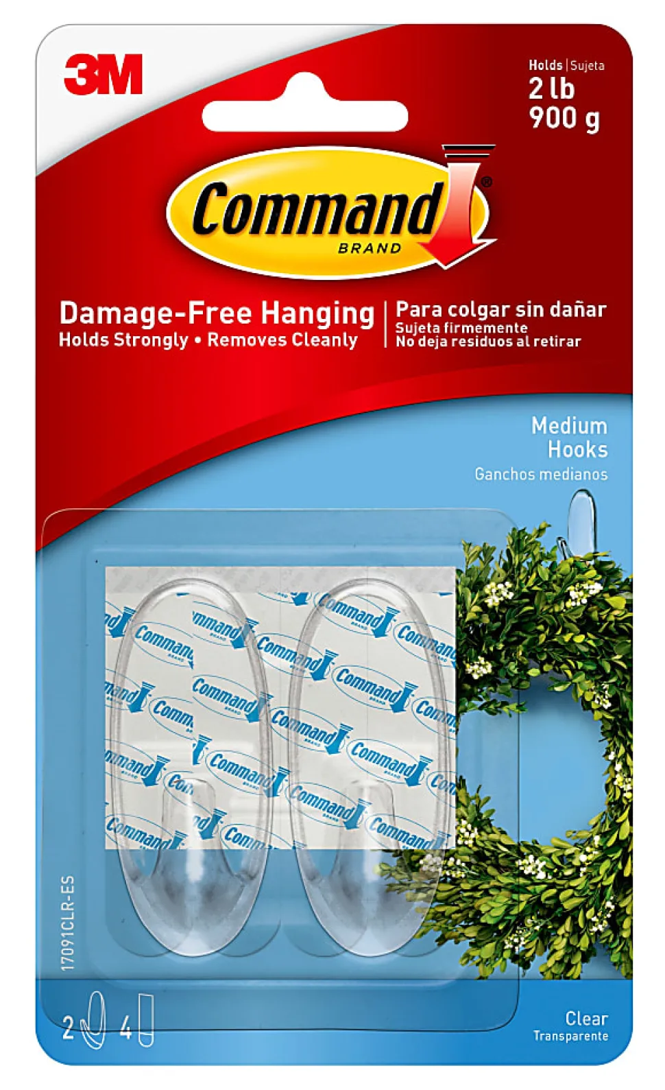 Command Medium Plastic Hooks, 2 Command Hooks, 4 Command Strips, Damage Free Hanging of Dorm Room Decorations, Clear