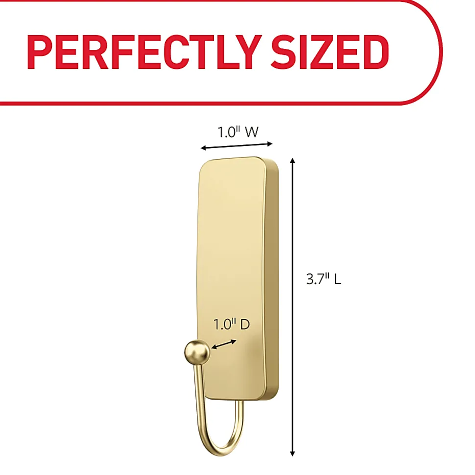 Command Medium Satin Brass Hooks, 3 lb, 2 Medium Hooks, 4 Medium Strips