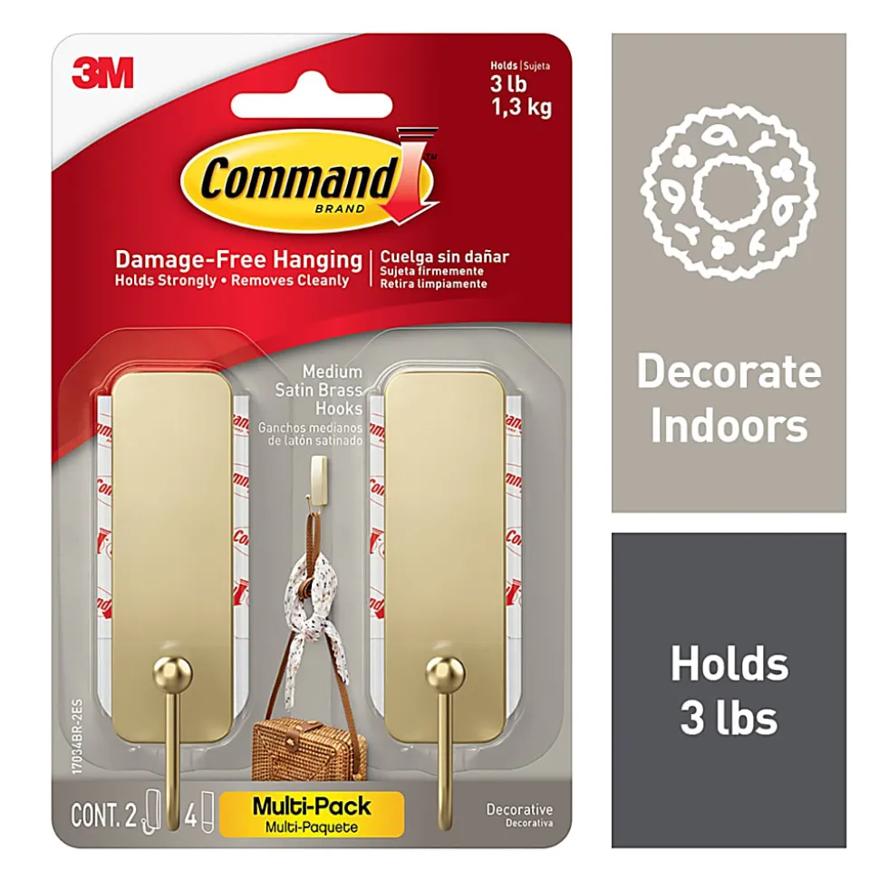 Command Medium Satin Brass Hooks, 3 lb, 2 Medium Hooks, 4 Medium Strips