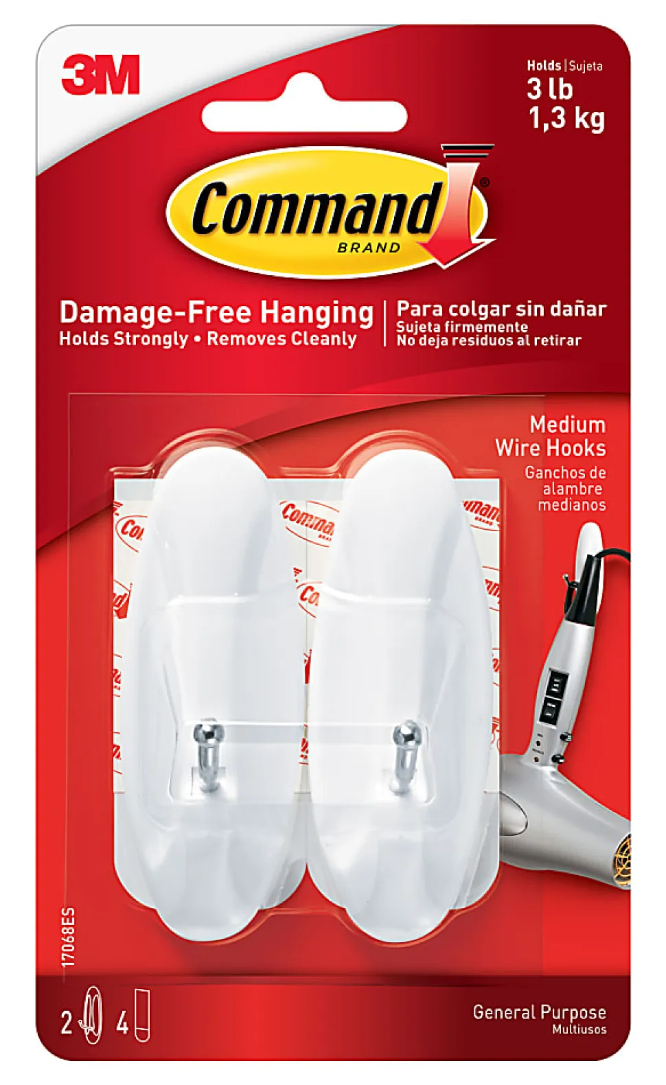 Command™ Medium Wire Hooks, Damage-Free, White, Pack of 2 Hooks, 2 Pairs of Strips