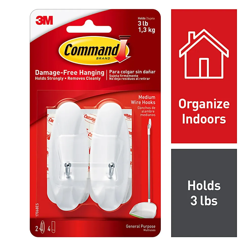 Command™ Medium Wire Hooks, Damage-Free, White, Pack of 2 Hooks, 2 Pairs of Strips