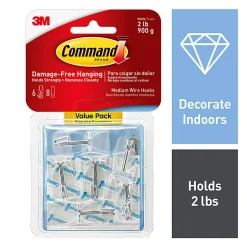 Command Medium Wire Hooks, 6 Hooks, 8 Clear Adhesive Strips, Damage Free Hanging Picture Hangers, No Tools Wall Hanging Strips For Living Spaces