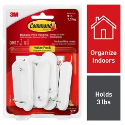 Command™ Medium Wire Hooks Value Pack, White, Pack Of 7 Hooks And 12 Strips