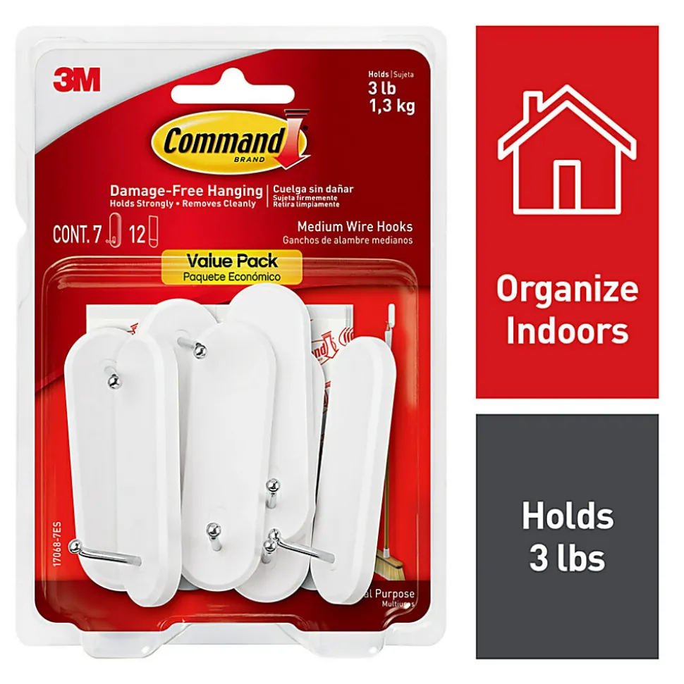 Command™ Medium Wire Hooks Value Pack, White, Pack Of 7 Hooks And 12 Strips