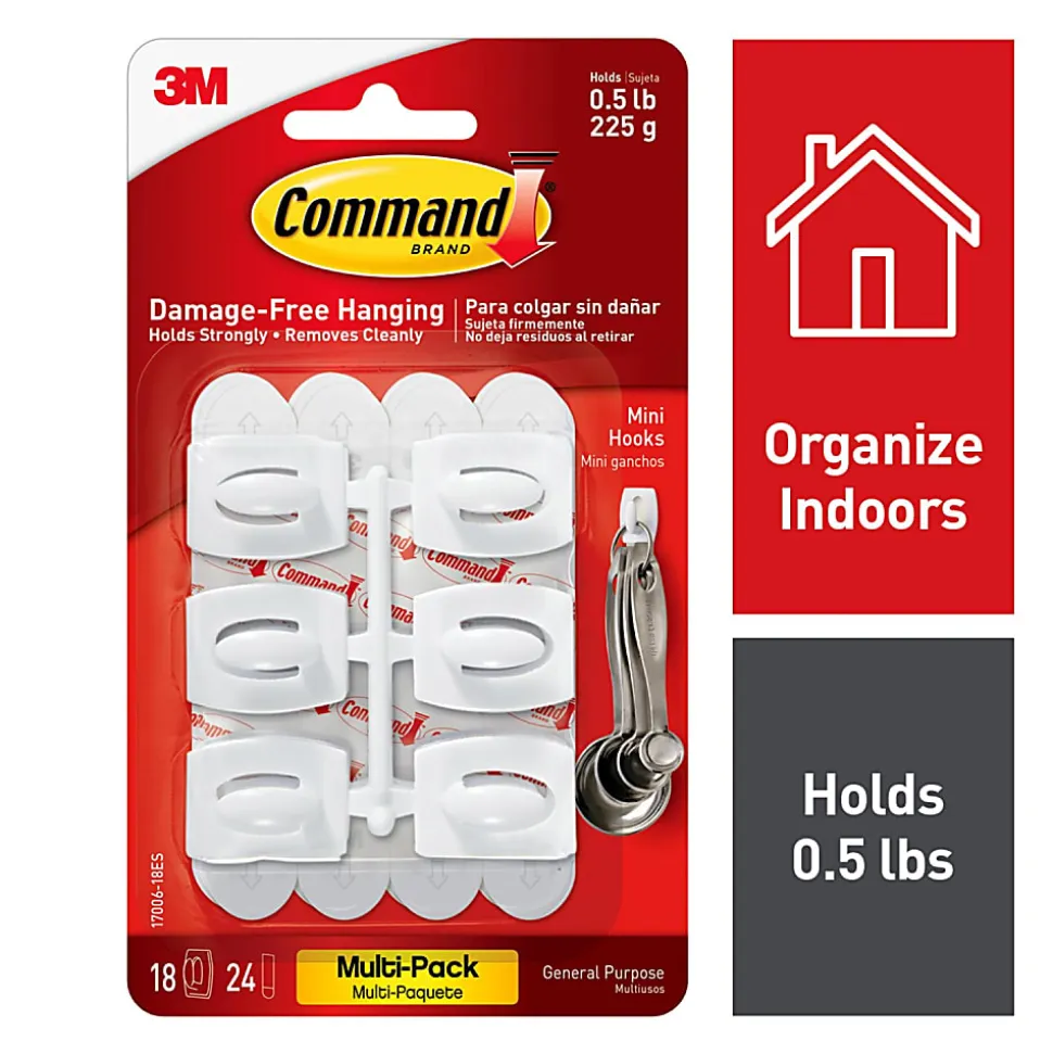 Command Mini Wall Hooks, 18 Command Hooks, 24 Command Strips, Damage Free Hanging of Dorm Room Decorations, White