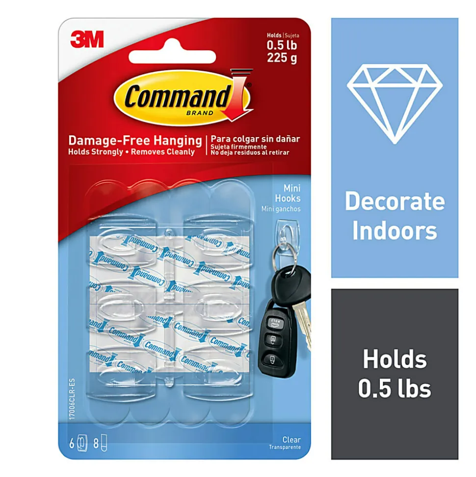 Command Mini Wall Hooks, 6 Command Hooks, 8 Command Strips, Damage Free Hanging of Dorm Room Decorations, Clear