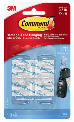 Command Mini Wall Hooks, 6 Command Hooks, 8 Command Strips, Damage Free Hanging of Dorm Room Decorations, Clear