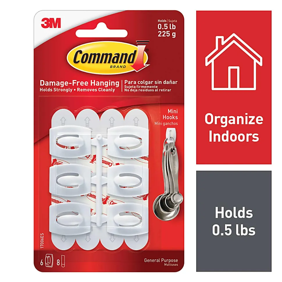 Command Mini Wall Hooks, 6 Hooks, 8 White Adhesive Strips, Damage Free Hanging Picture Hangers, No Tools Wall Hanging Strips For Living Spaces
