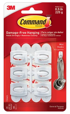 Command Mini Wall Hooks, 6 Hooks, 8 White Adhesive Strips, Damage Free Hanging Picture Hangers, No Tools Wall Hanging Strips For Living Spaces