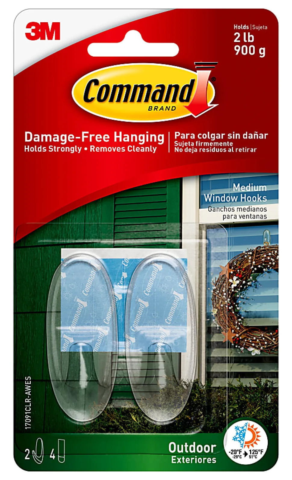 Command Outdoor Clear Window Hooks, 2 Medium Hooks, 4 Adhesive Strips, Damage Free Hanging Hooks, Great for Outdoor Use