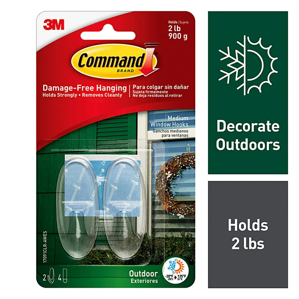 Command Outdoor Clear Window Hooks, 2 Medium Hooks, 4 Adhesive Strips, Damage Free Hanging Hooks, Great for Outdoor Use