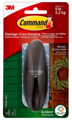 Command Outdoor Metallic Bronze Hook, 1 Medium Hook, 2 Adhesive Strips, Damage Free Hanging Hooks, Great for Outdoor Use