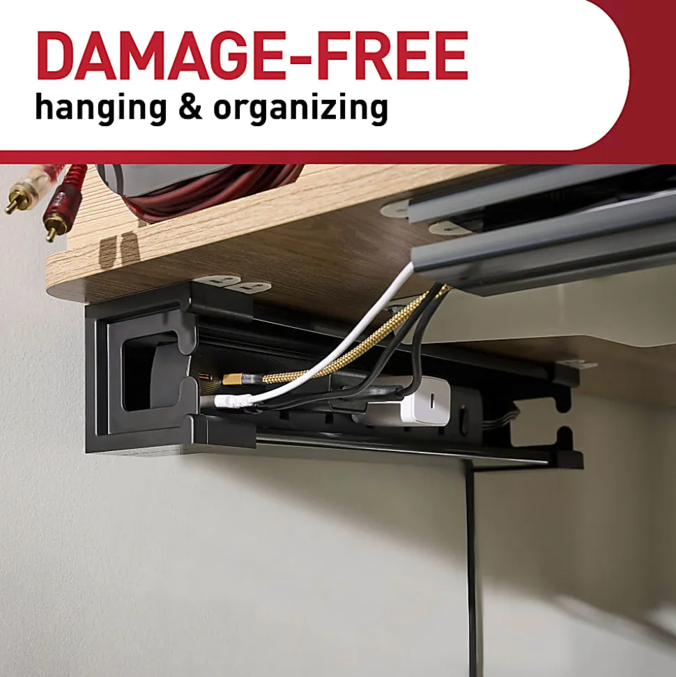 Command™ Power Strip Holder, 1 Black Tray, 8 Strips, 15" Storage Space for Power Banks, Great for Damage-Free Desk Organization with Electronics