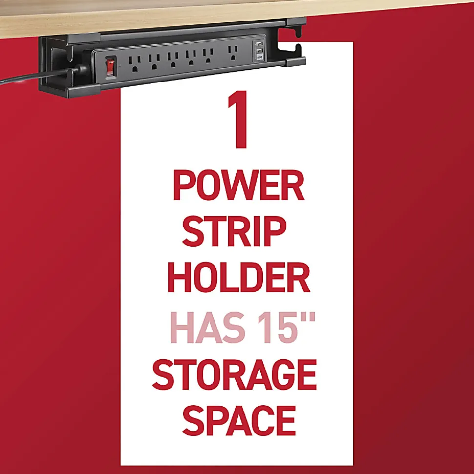 Command™ Power Strip Holder, 1 Black Tray, 8 Strips, 15" Storage Space for Power Banks, Great for Damage-Free Desk Organization with Electronics