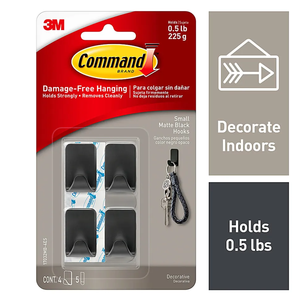 Command Small Matte Black Hooks, 0.5 lb, 4 Small Hooks, 5 Strips