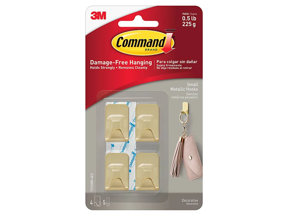 Command Small Metallic Hooks Brass Color, 0.5 lb, 4 Hooks, 5 Strips