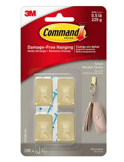 Command Small Metallic Hooks Brass Color, 0.5 lb, 4 Hooks, 5 Strips