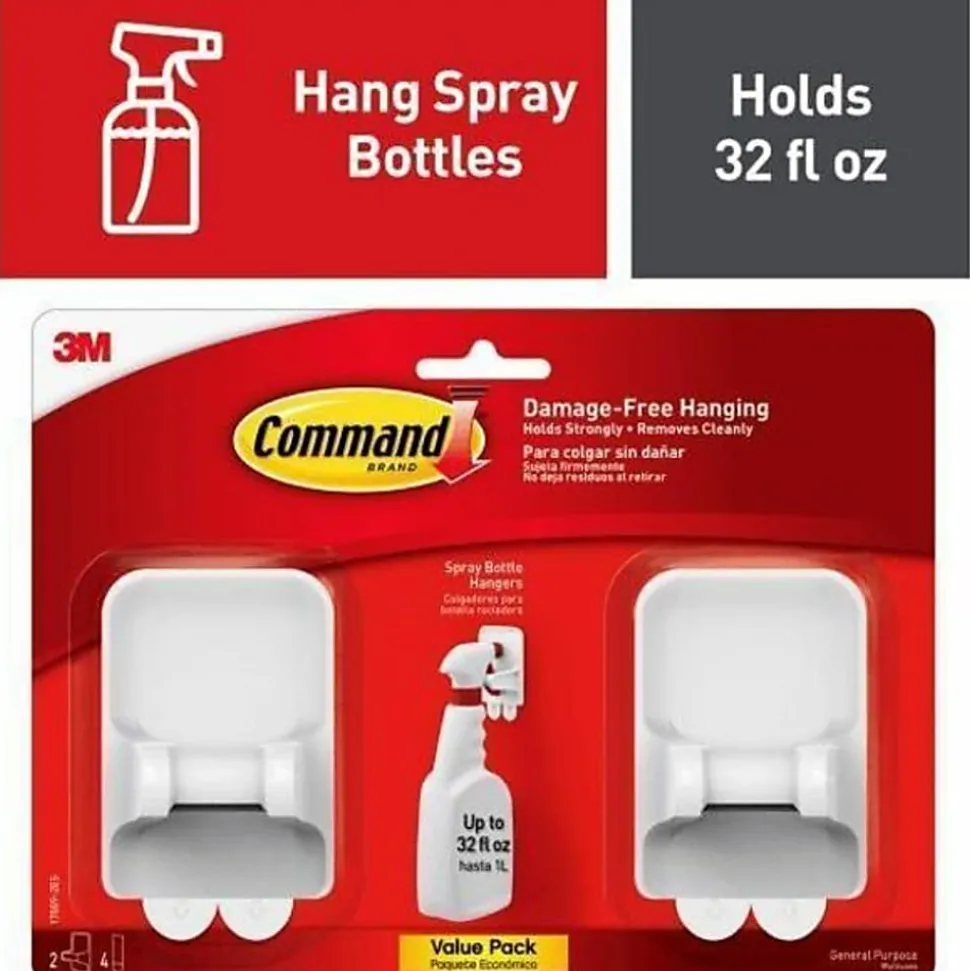 Command Spray Bottle Hangers, 2 Bottle Hangers, 4 White Adhesive Strips, Damage Free Hanging Picture Hangers, No Tools Wall Hanging Strips