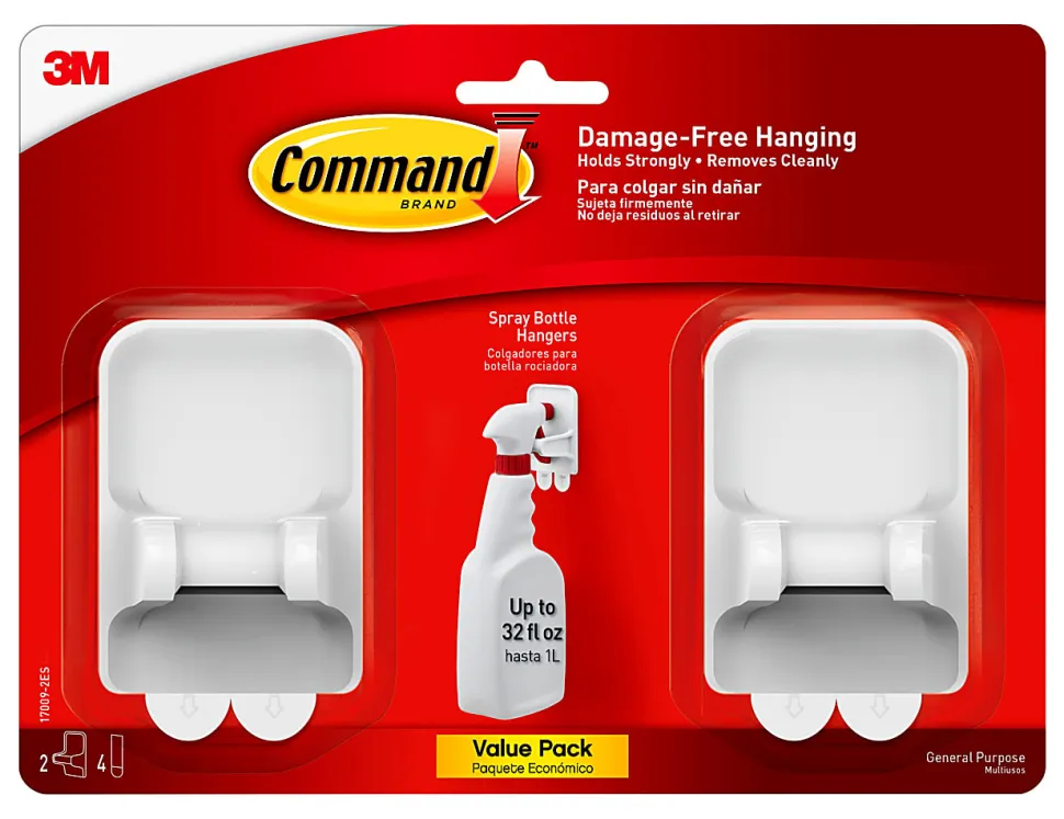 Command Spray Bottle Hangers, 2 Bottle Hangers, 4 White Adhesive Strips, Damage Free Hanging Picture Hangers, No Tools Wall Hanging Strips