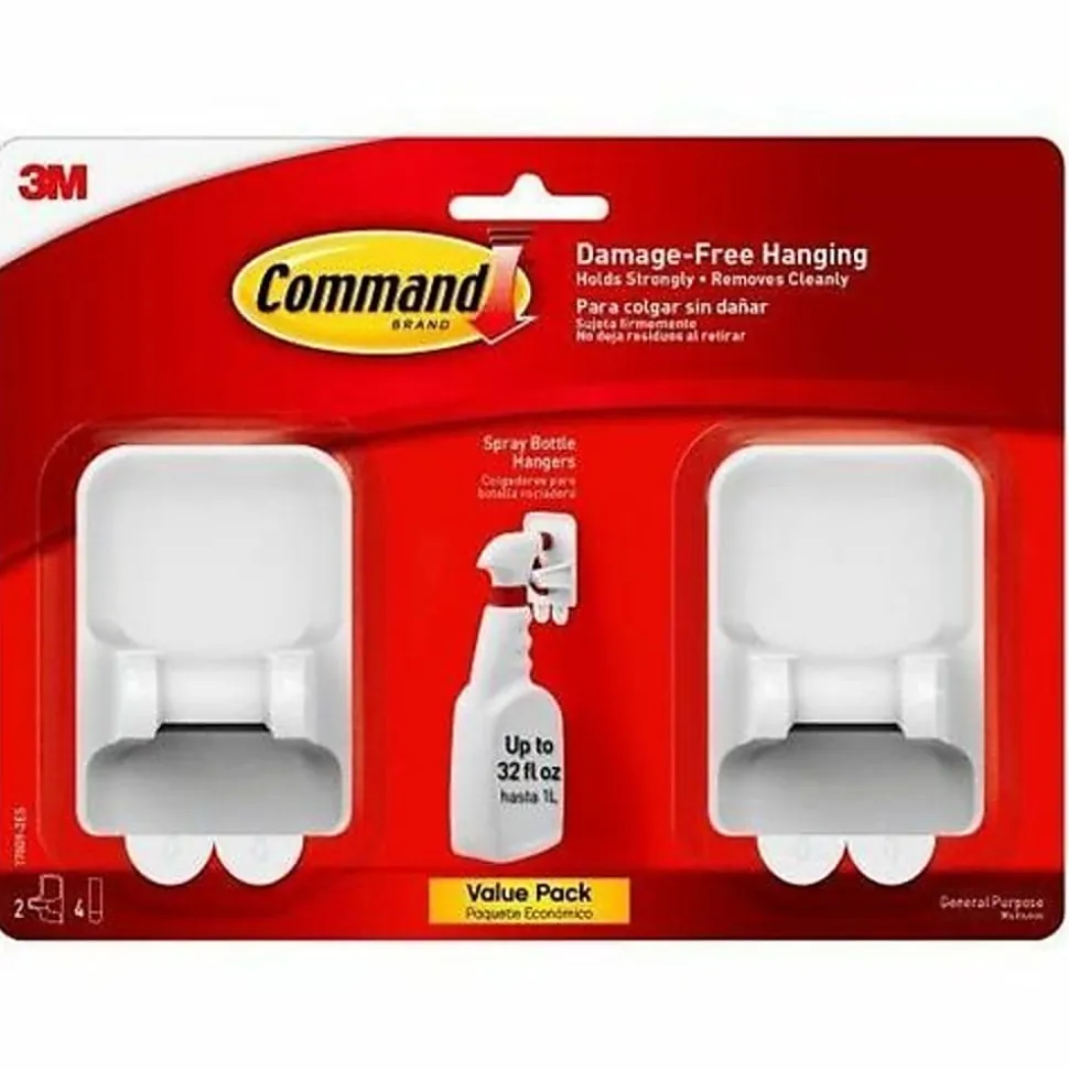 Command Spray Bottle Hangers, 2 Bottle Hangers, 4 White Adhesive Strips, Damage Free Hanging Picture Hangers, No Tools Wall Hanging Strips